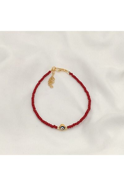 Lolita Takı Women's Evil Eye Beaded Anklet Dark Red Color
