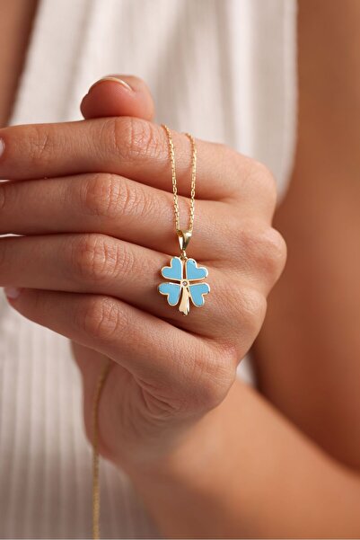 Nereze 925 Ayar Gümüş Gold Kaplama Mineli Yonca Kolye