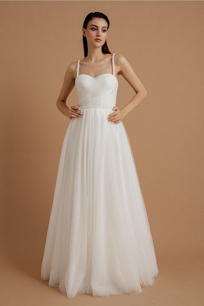 Lenta Moda White Draped and Pearl Detailed Tulle Evening Dress & Wedding Dress