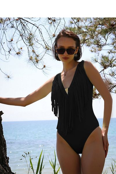 TooHot Women's Black Tasseled Accessory Detailed Swimsuit-44
