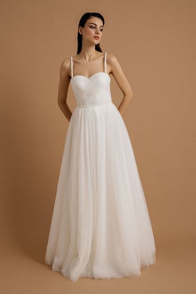Lenta Moda White Draped and Pearl Detailed Tulle Evening Dress & Wedding Dress