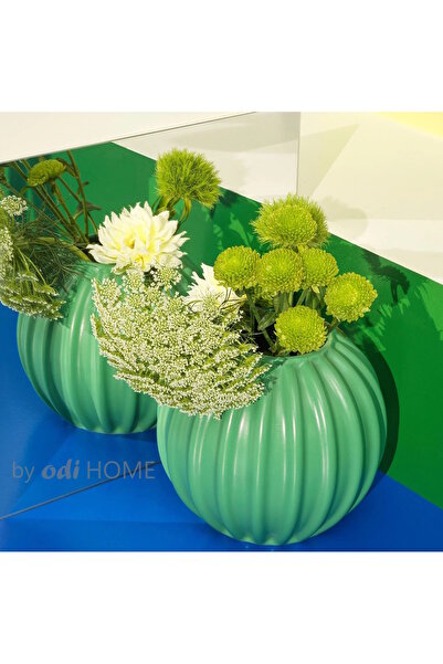 IKEA 2 Adet Modern Dekoratif Çizgili Yeşil Stoneware Seramik Vazo 15 cm