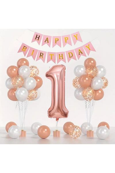 Konsept Sepeti Σετ μπαλόνι Rosegold 1 έτους - Λευκό καραμέλα, πανό Happy Birthday (ΔΩΡΟ BALLOON BAND)