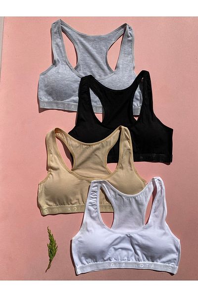 LEYNA BUTİK 4-Piece White and Nude Padded Cotton Half Tank Top - M=70-75, L=80-85, XL=90-95, 2XL=100-105