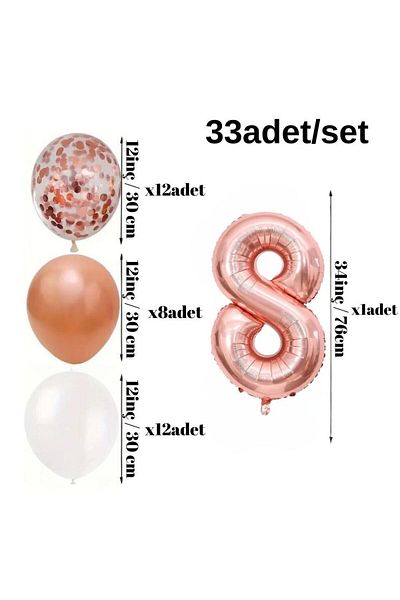 Konsept Sepeti Σετ μπαλονιών 8 ετών Rosegold Happy Birthday - White Confetti Banner (ΜΕ ΔΩΡΟ ΜΠΑΛΟΝΙ)