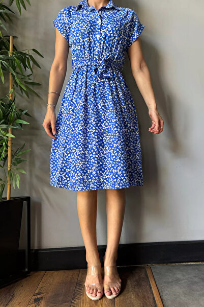 GÜLSELİ Viscose Pattern - Blue Shirt Collar and Waist Belted Dress