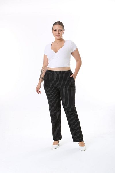 Esina Striped Crepe Fabric Women's Trousers - Pipe Leg