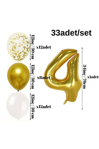 Konsept Sepeti 4 Year Old Gold Balloon Set - Chrome Gold, White Balloon and Happy Birthday Banner (WITH BALLON BAND GIFT)