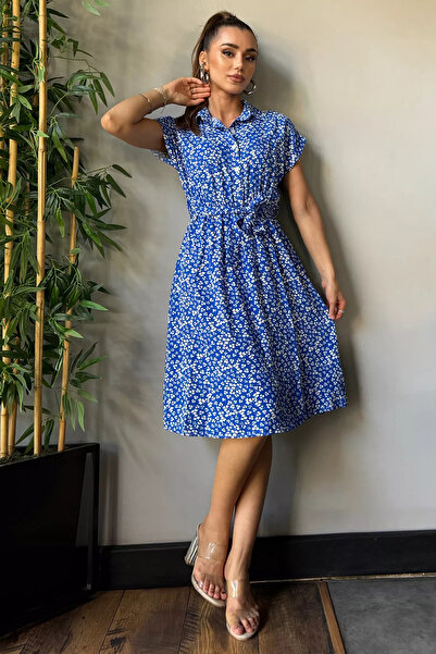 GÜLSELİ Viscose Pattern - Blue Shirt Collar and Waist Belted Dress