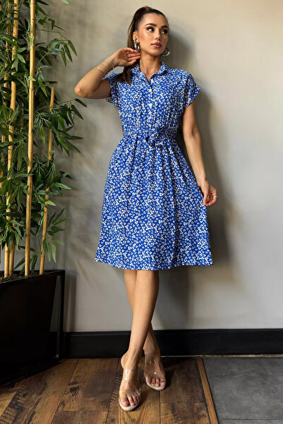 GÜLSELİ Viscose Pattern - Blue Shirt Collar and Waist Belted Dress
