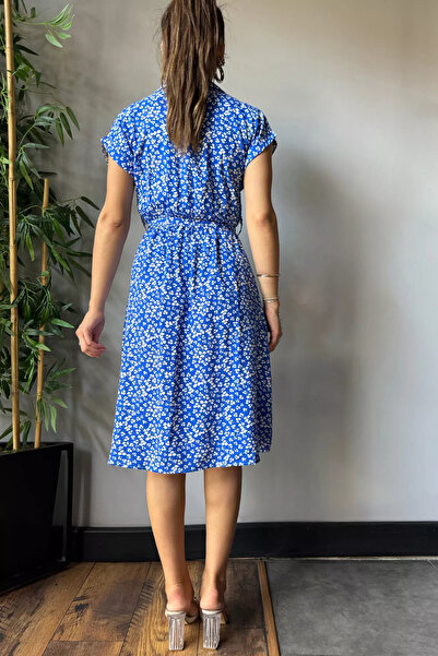 GÜLSELİ Viscose Pattern - Blue Shirt Collar and Waist Belted Dress
