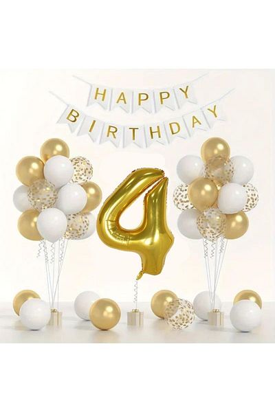 Konsept Sepeti 4 Year Old Gold Balloon Set - Chrome Gold, White Balloon and Happy Birthday Banner (WITH BALLON BAND GIFT)