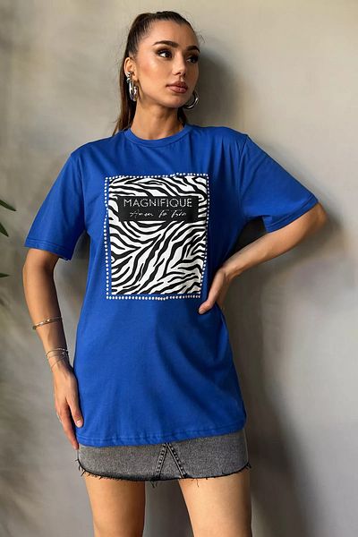GÜLSELİ Tricou de damă cu imprimeu albastru Saks - Decolteu