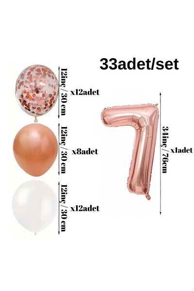 Konsept Sepeti 7 Year Old Rosegold Balloon Set - White Balloon with Confetti, Happy Birthday Banner (WITH BALLON BAND GIFT)