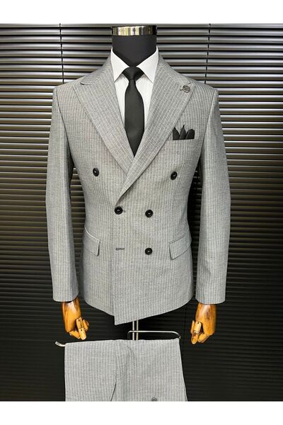 terzi ayhan açık gri slim fit çizgili kemik düğme kruvaze