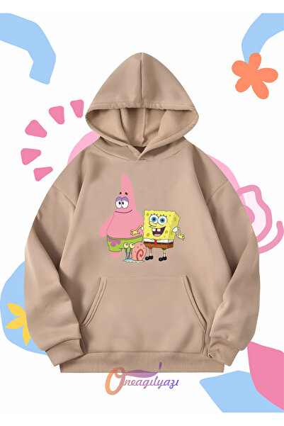oneagılyazı سويت شيرت للأطفال للجنسين - طباعة سبونج بوب، مقاس كبير بغطاء للرأس