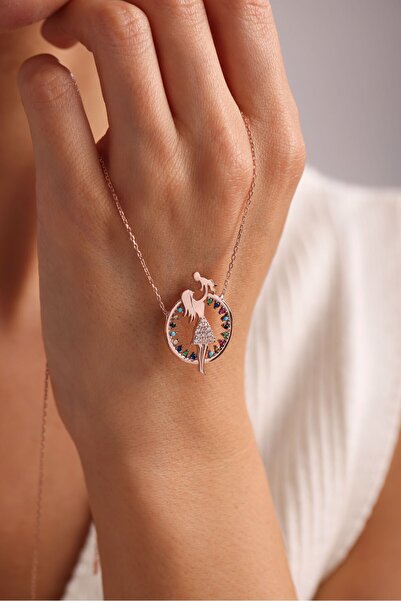 Nereze 925 Ayar Gümüş Rose Kaplama Mix Taşlı Anne Bebek Kolye