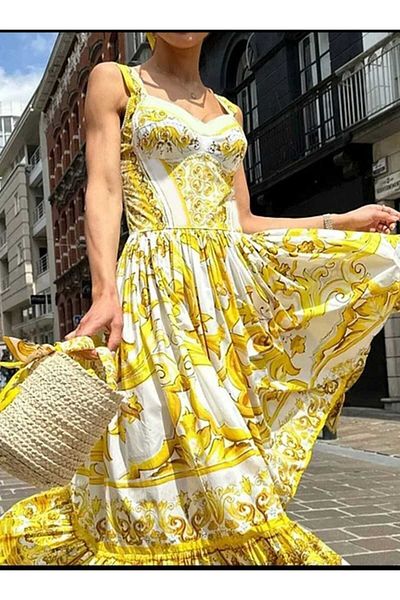 aspirin fashion Ethnic Patterned Dg Model Strappy Long Summer Dress - Gtip 6204.4300.0019 Origin Turkey