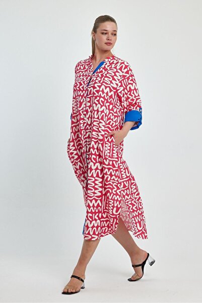 vividbutik ÖNDEN DÜĞMELİ DESENLİ NEON RENKLİ CEPLİ GÖMLEK ELBİSE