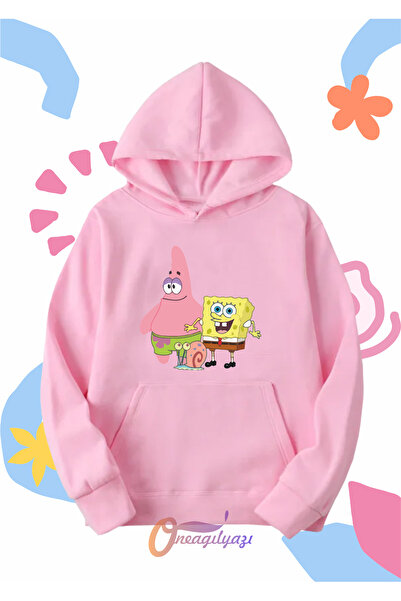 oneagılyazı سويت شيرت للأطفال للجنسين - طباعة سبونج بوب، مقاس كبير بغطاء للرأس