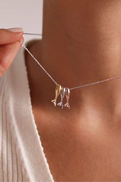 Nereze 925 Ayar Gümüş Rodyum Kaplama 3'Lü Şans Balık Kolye