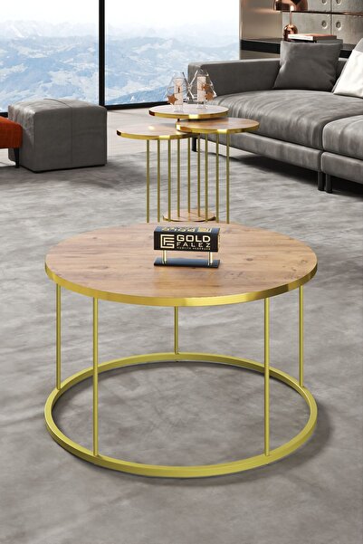 GOLDFALEZ Orta Sehpa Ve Zigon Sehpa Terra Set Gold Ceviz