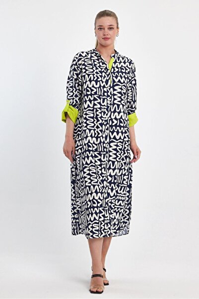 vividbutik Front Buttoned Patterned Neon Color Pocketed Shirt Dress (S-M:38/4...