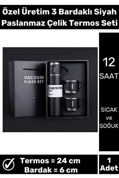 Wintoup Özel Üretim 3 Bardaklı Uzun süre sıcak soğuk tutan Siyah Paslanmaz Çe...