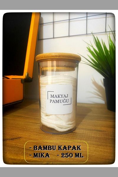 Karçiçeği Home Acrylic Dental Floss & Make-up Cotton Bathroom Set Jar with Bamboo Lid 250 Ml