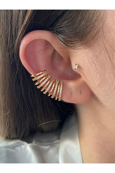 Pinery Jewels 10 Row Brass Overlay Plated Women's Cartilage Earrings with Large Earcuff Stones