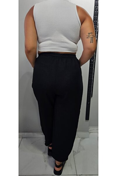 Butik Nilyam Linen Baggy Trousers - Plus Size, Elastic Waist, Lace Detailed, Black 24137