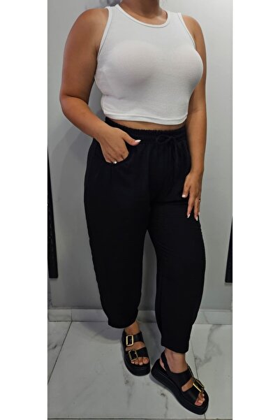 Butik Nilyam Linen Baggy Trousers - Plus Size, Elastic Waist, Lace Detailed, Black 24137