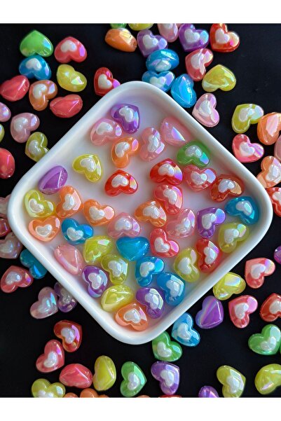 Bijumix Aksesuar 7 Adet Karışık Renkli Janjanlı Kalp Akrilik Plastik Boncuk 7...