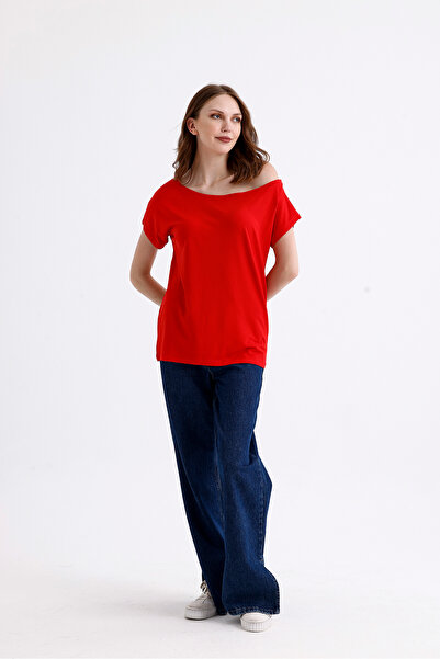 SİSTERS2HC Viscose Mercerized Boat Neck Single Shoulder T-shirt