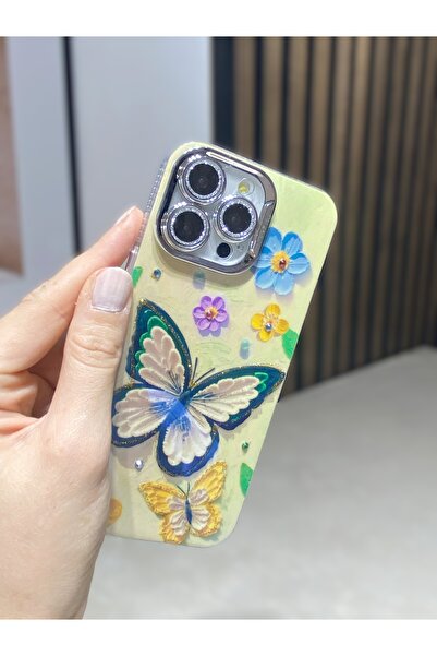 Paladyum Case iPhone 15 Pro Uyumlu Lens Korumalı Simli Kelebekli Çiçekli Kılıf