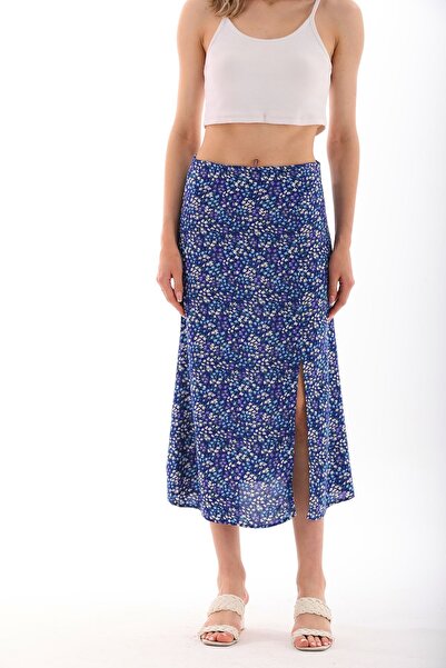 QUZLAK Kadın mavi yıldız çiçekli yırtmaçlı etek