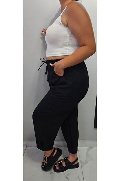 Butik Nilyam Linen Baggy Trousers - Plus Size, Elastic Waist, Lace Detailed, Black 24137