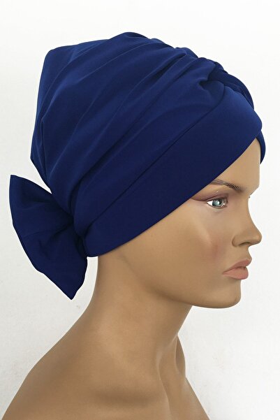 Vera Καπάκι κολύμβησης Mihrace Ready Turban Saks Μπλε σταυρός με επένδυση με επένδυση με φιόγκο αναστρέψιμο καπάκι χιτζάμπ