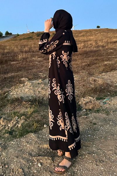 Yefrastore Φόρεμα βισκόζης με έθνικ σχέδιο - Hijab, μαύρο μπεζ, γιακάς με κουμπιά