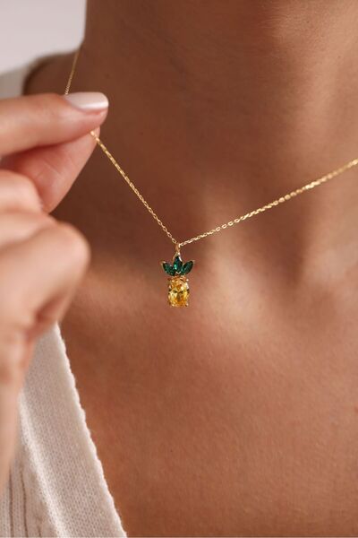 Nereze 925 Ayar Gümüş Gold Kaplama Sitrin Taşlı Ananas Kolye