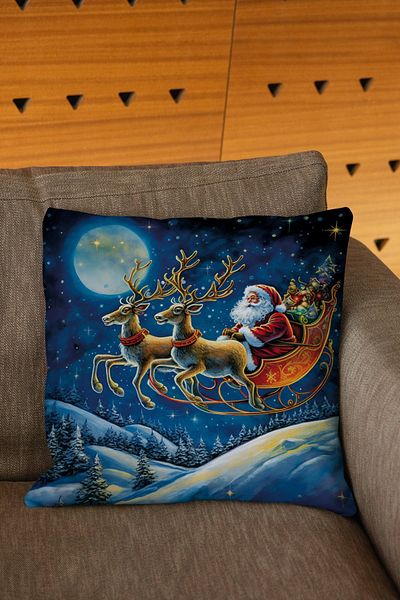 Şah Dekor New Year's Themed Red Blue Colored Digital Printed Ornamental Throw Pillow Cover with Deer and Santa Claus Figure