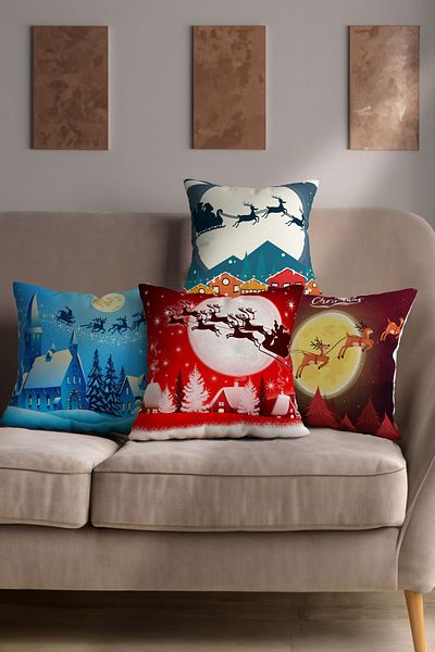 Şah Dekor New Year's Themed Sleigh and Deer Figured 4-Piece Digital Printed Throw Pillow Cover in Blue Red Colors