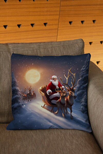Şah Dekor Коледна калъфка за възглавница с елени и фигурки на Дядо Коледа в с...