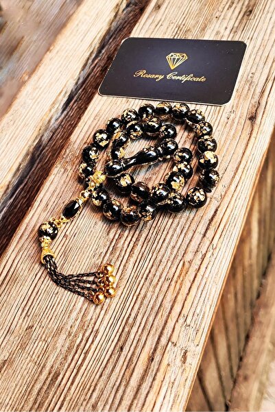 Vip Kehribar 10 mm Altın Varaklı Pleksi Glass Uçak Camı Tesbih - Altın Parçac...