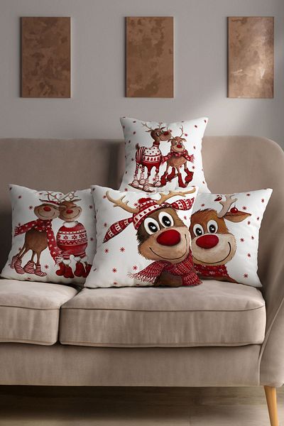 Şah Dekor New Year's Themed Deer Figured Red and White Colors 4-Piece Digital Printed Throw Pillow Cover