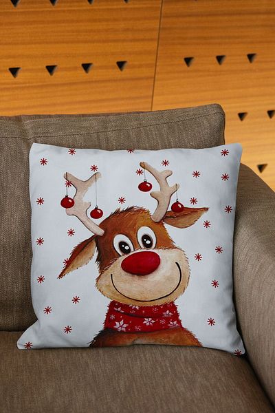 Şah Dekor New Year's Themed Deer Figured Red and White Colors 4-Piece Digital Printed Throw Pillow Cover
