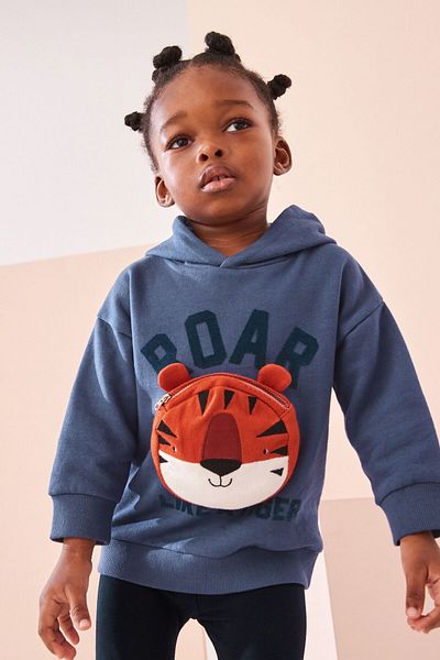 Next Baby Cotton Blue Tiger Pattern Long Sleeve Bag Hooded Bottom Top Set