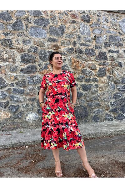MJORA Plus Size Red Patterned Ruffle Skirt Dress