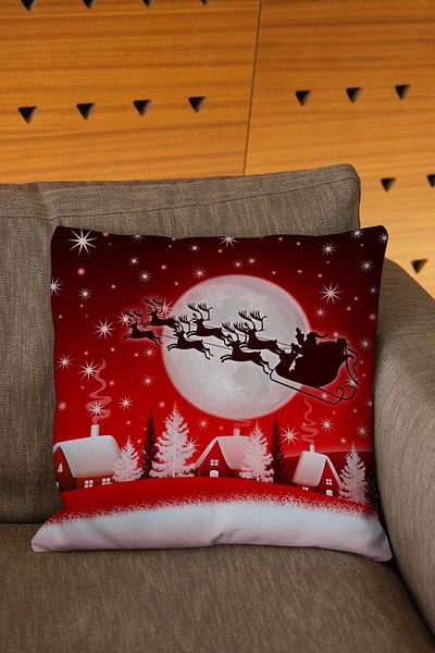 Şah Dekor New Year's Themed Sleigh and Deer Figured 4-Piece Digital Printed Throw Pillow Cover in Blue Red Colors