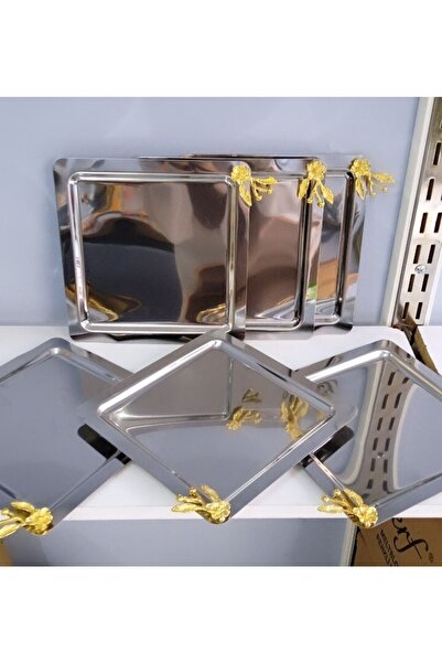 Elzem Paslanmaz Çelik 6 Li Kare Sunum Tepsisi Japon Gül Aksesuarlı Lux